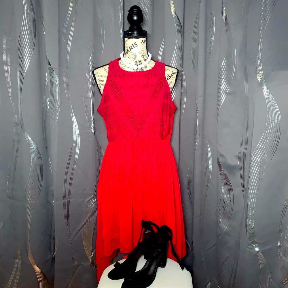 Rebellion Again Red Chiffon And Lace Knee Length Tank Top Dress Size Medium